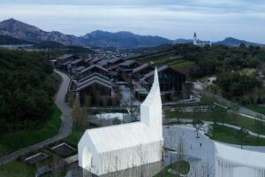 The church is raised above a plaza in Qingdao