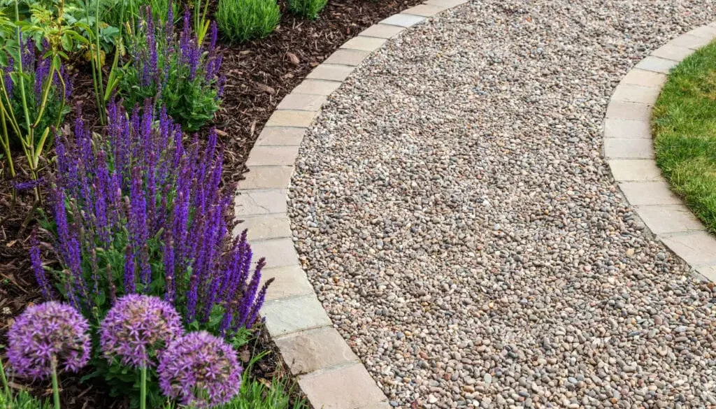 Gravel path with stone borders defining garden space.