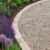 Gravel path with stone borders defining garden space.